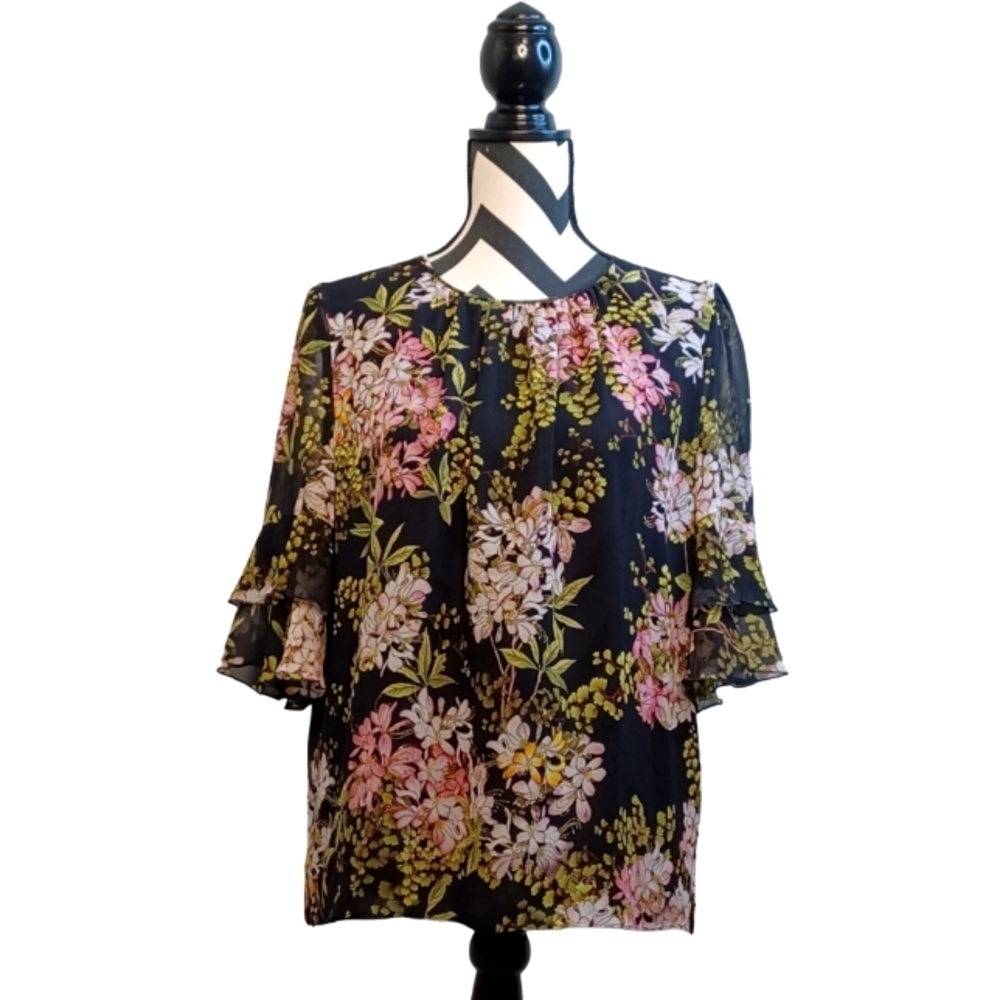 Giambattisa Valli 100% Silk Floral Print Frill Sheer Blouse Sz L